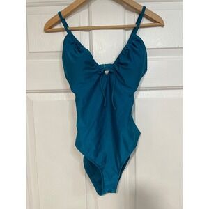 Womens S Teal Blue One Piece NEW Shade & Shore Swimsuit Tie Front Lined High Leg
